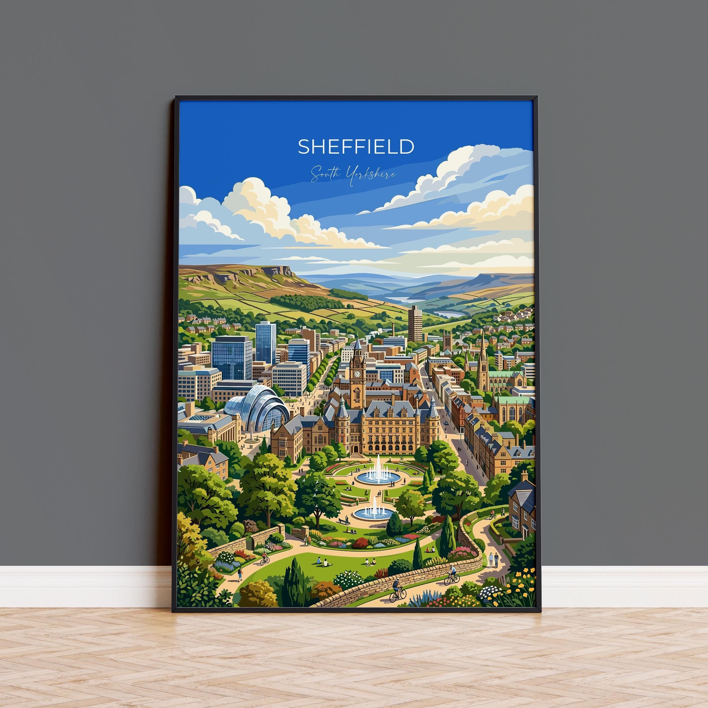 Sheffield South Yorkshire Travel Print, Sheffield Skyline Wall Art, Winter Garden Poster, England City Illustration, Vintage Style UK Decor