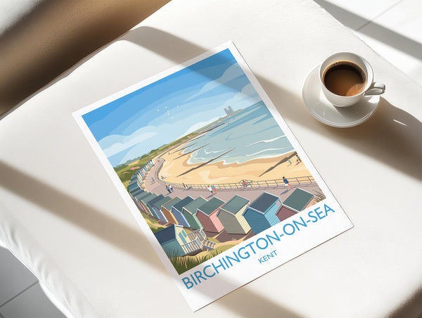 Birchington on Sea Travel Poster, Reculver Towers Beach Huts Wall Art, Kent Coast Print, Seaside Landscape Illustration, UK Coastal Decor