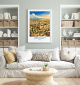 Jerusalem Israel Travel Poster, Old City Wall Art, Dome of the Rock Print, Jerusalem Skyline Illustration, Historic Middle East Decor