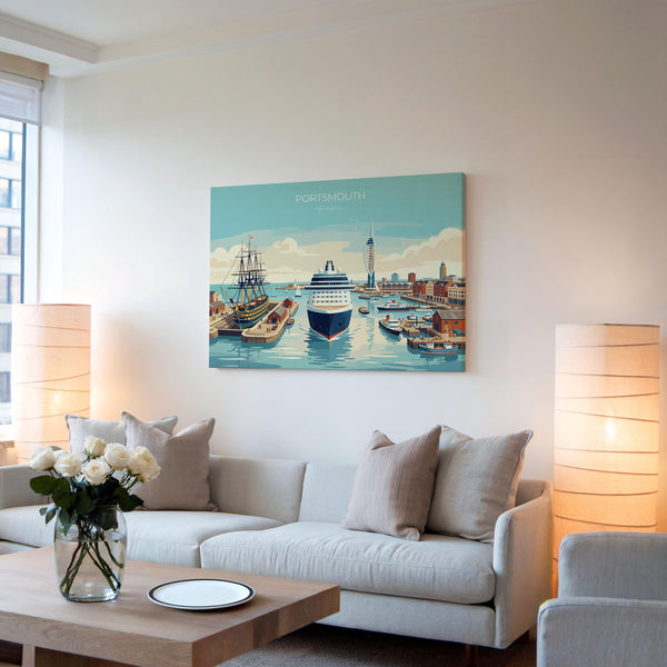 Portsmouth Landscape Travel Print Poster, Spinnaker Tower Wall Art, Hampshire Coastal City Illustration, UK Travel Decor, Seaside Gift