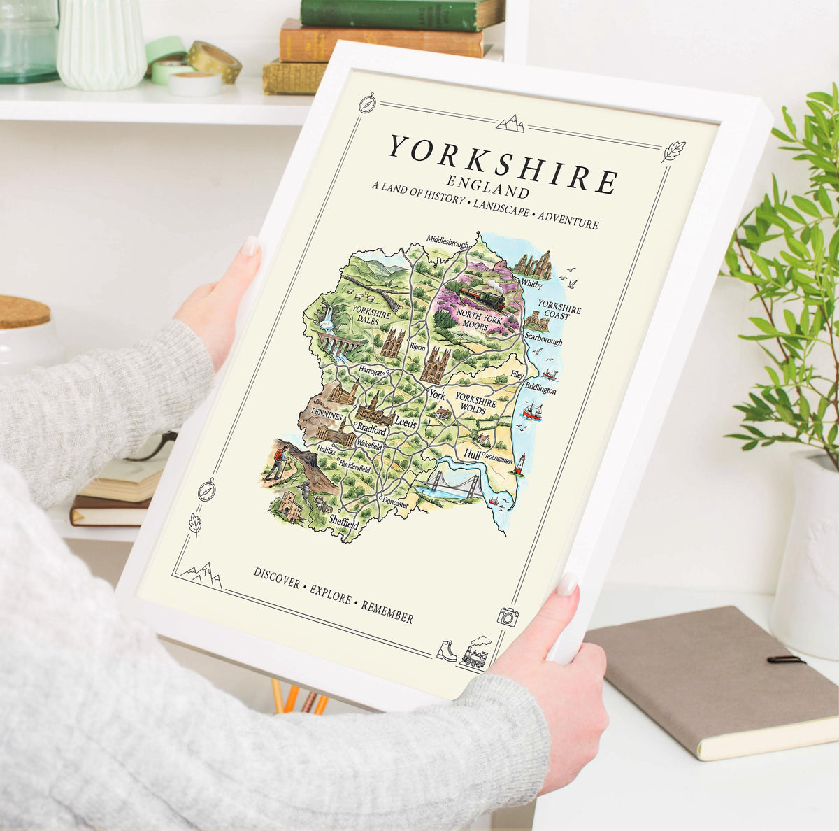 Yorkshire Illustrated Map Print, England Wall Art, Yorkshire Dales Poster, Framed or Canvas Print, Yorkshire Gift