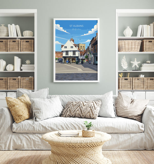 St Albans Travel Print Wall Art, Travel Poster of St Albans, Hertfordshire, England, English Cathedral City Gift