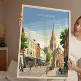 Chichester Cathedral Travel Print, Chichester High Street Clock Tower Wall Art, West Sussex City Poster, Historic England, Vintage Style UK