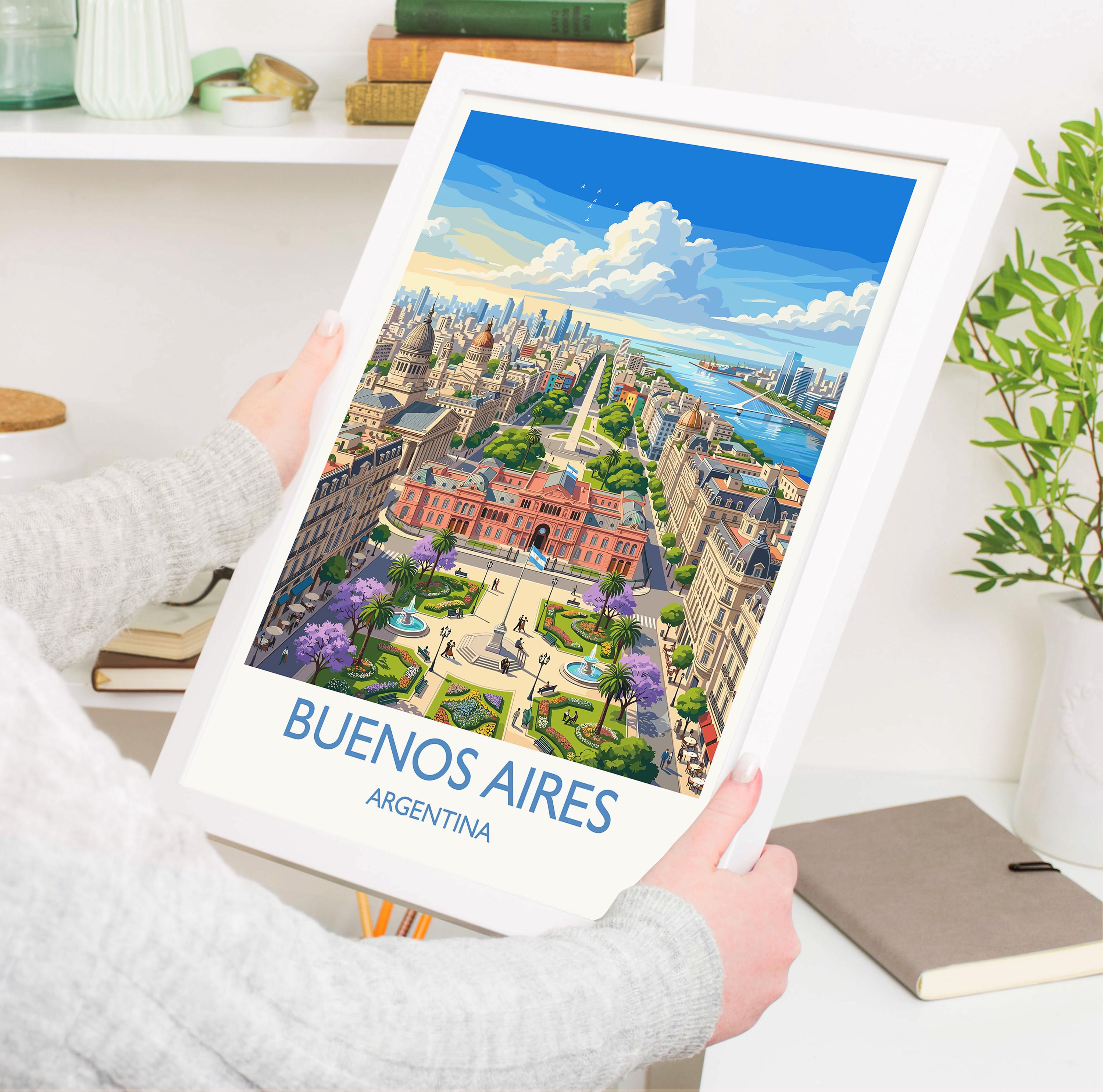 Buenos Aires Argentina Travel Poster, Buenos Aires Skyline Wall Art, Obelisk Print, Plaza de la República, Vintage Style South America Decor