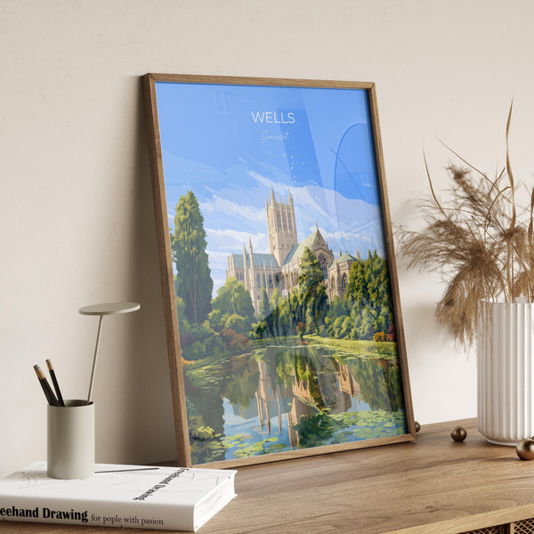 Wells Travel Print Wall Art, Travel Poster of Wells Cathedral England, Somerset Art Lovers Gift, Travel Art Gift
