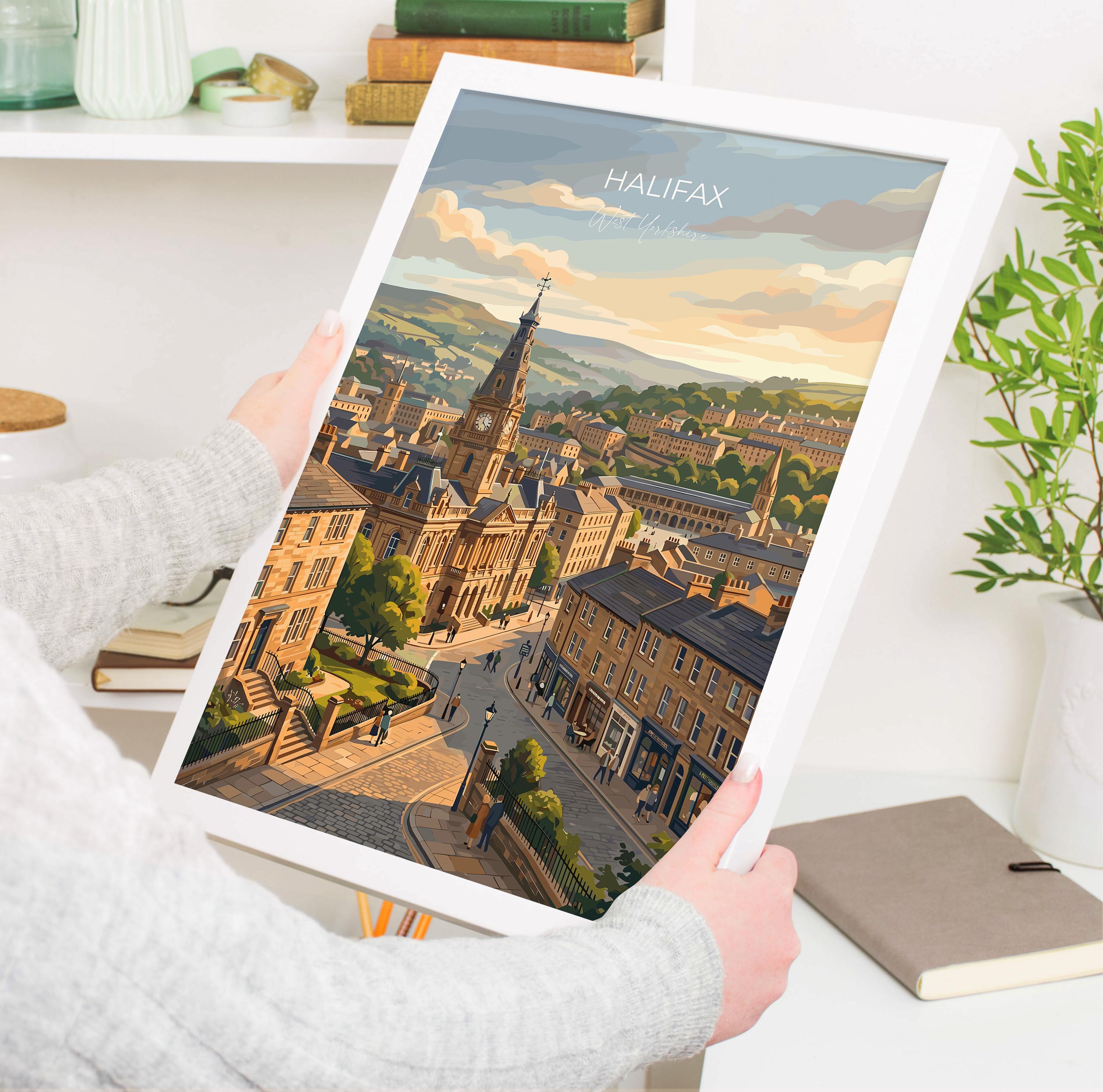 Halifax West Yorkshire Travel Poster, Piece Hall Wall Art, Historic Market Town Print, Yorkshire Illustration, Vintage Style UK Decor