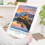 Eilean Donan Castle Scotland Travel Poster, Scottish Highlands Castle Sunset Wall Art, Landscape Print, Iconic Scotland Illustration,