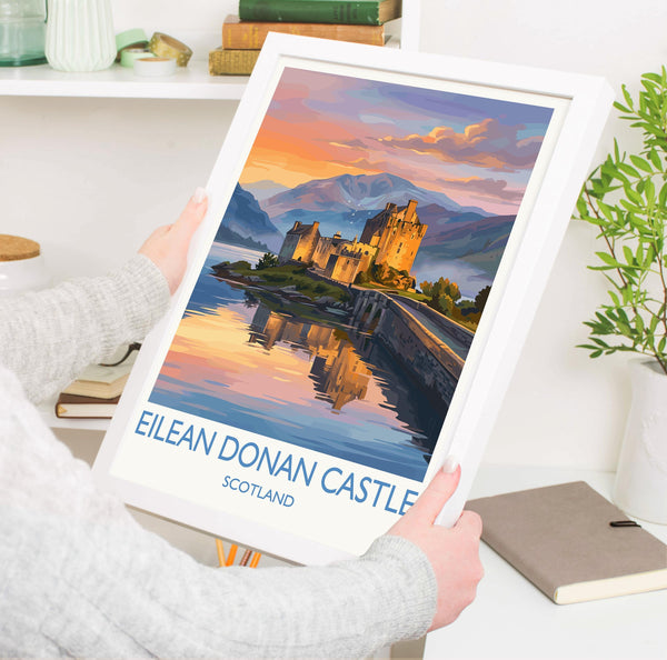 Eilean Donan Castle Scotland Travel Poster, Scottish Highlands Castle Sunset Wall Art, Landscape Print, Iconic Scotland Illustration,