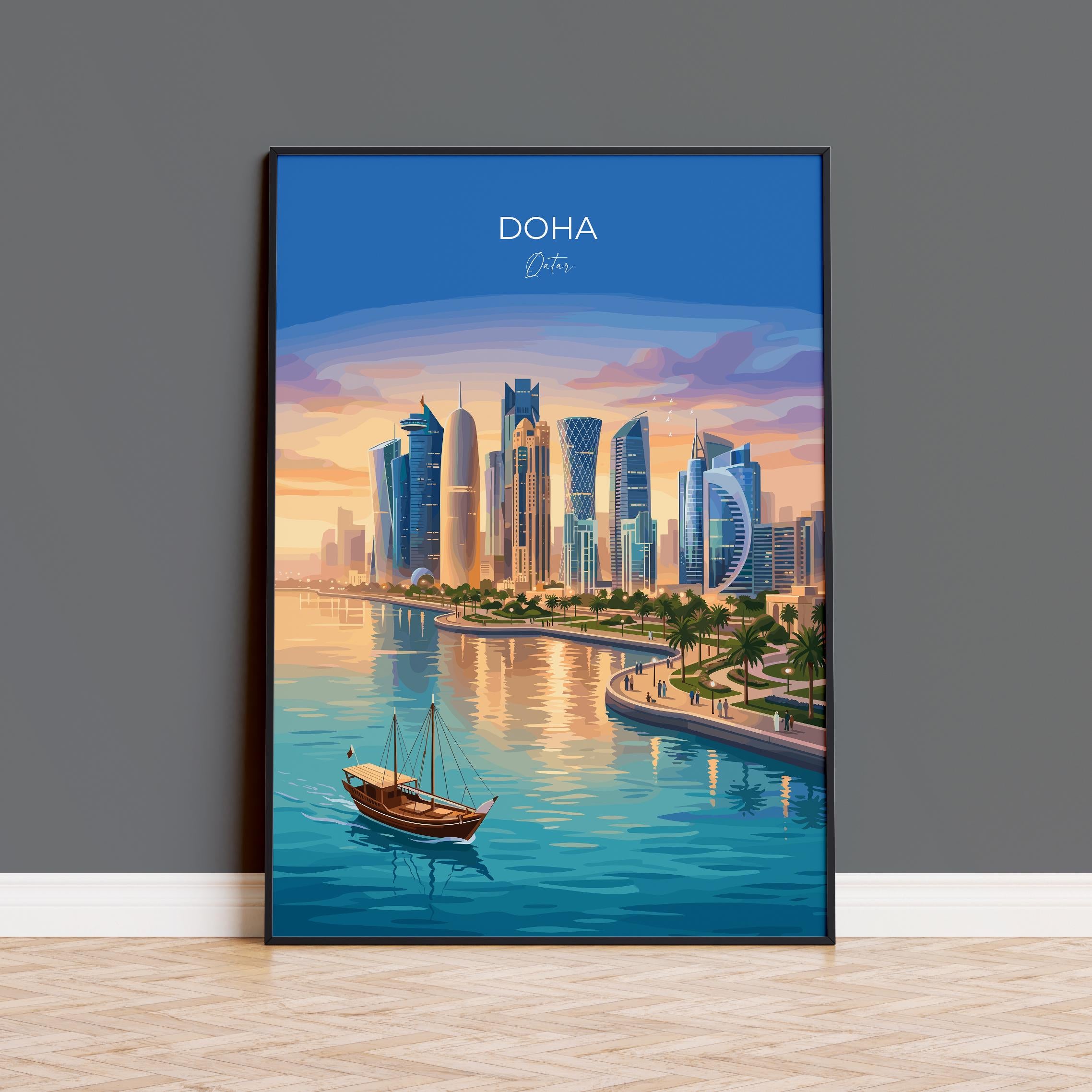 Doha Qatar Travel Print, Doha Skyline Wall Art, Modern Cityscape Poster, Arabian Gulf Illustration, Vintage Style Middle East Decor