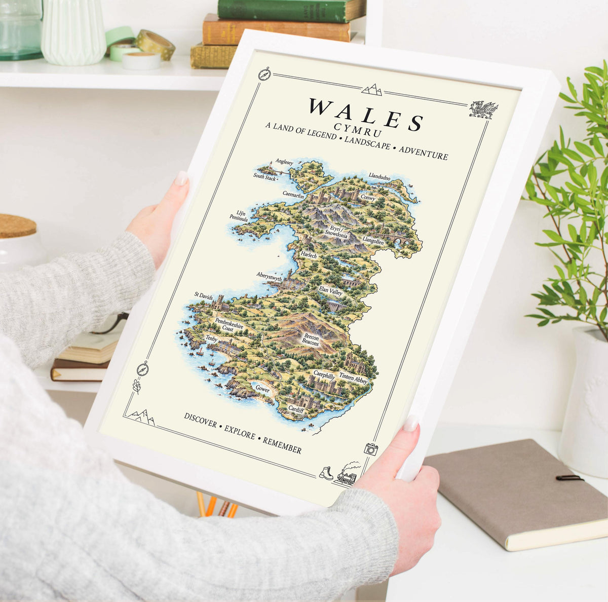 Wales Illustrated Map Print, Welsh Wall Art, Snowdonia Map Poster, Framed or Canvas Print, Wales Gift Print