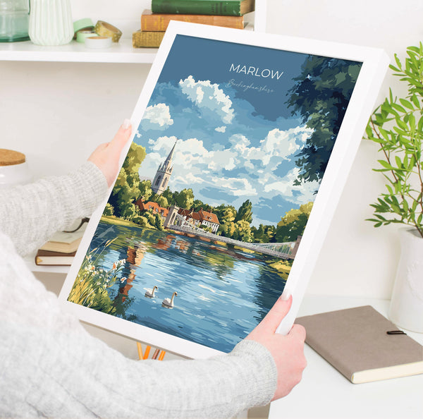 Marlow Travel Print Wall Art, Travel Poster of Marlow, England, Buckinghamshire Art Lovers Gift, Travel Art Gift