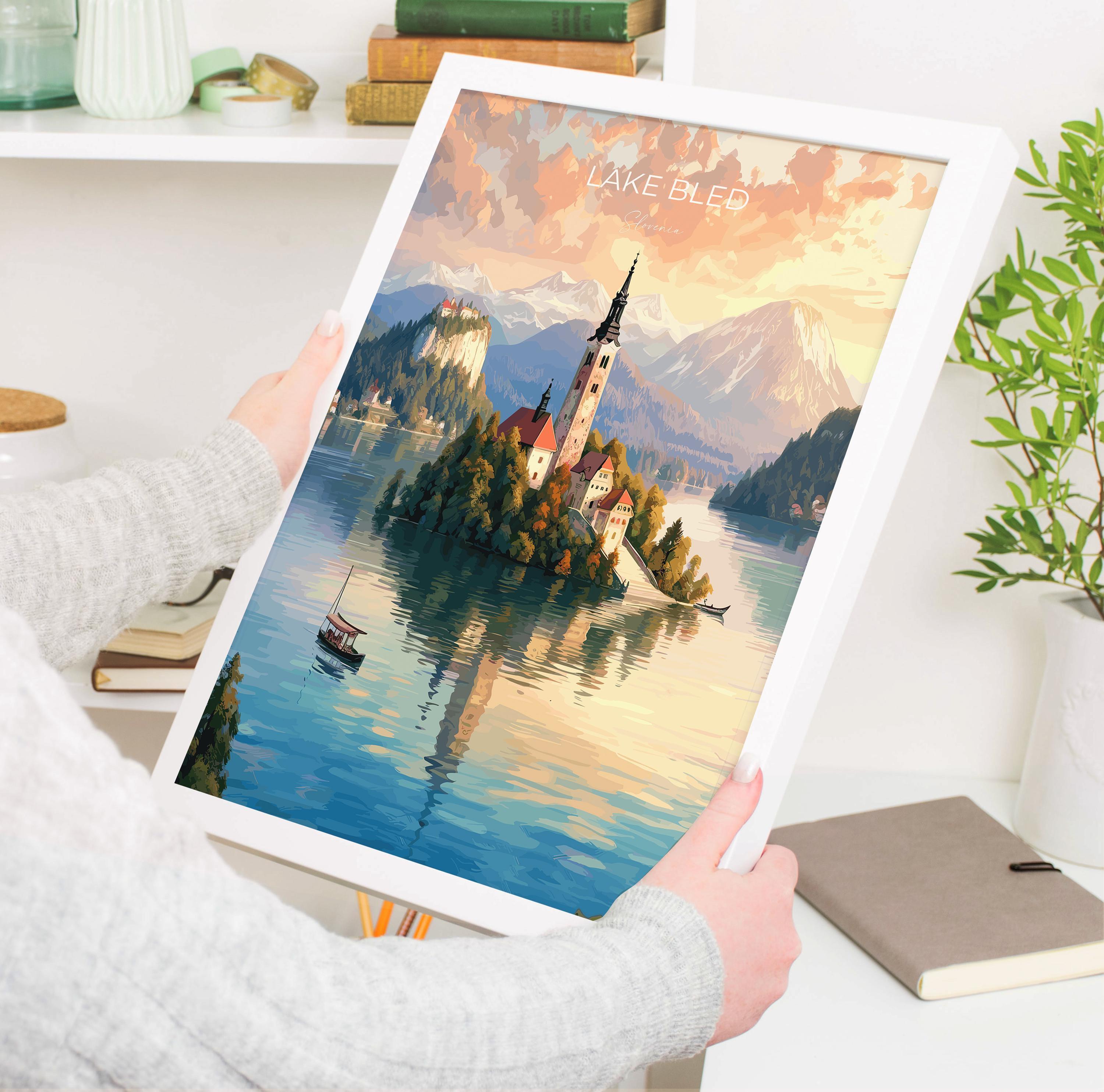 Lake Bled Travel Poster, Travel Print of Lake Bled, Slovenia, Slovenia Art, Lake Bled Gift, Wall Art Print NQ Media Designs