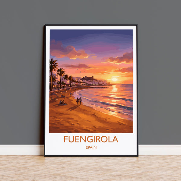Fuengirola Spain Travel Poster, Costa del Sol Beach Wall Art, Sunset Promenade Print, Spanish Coastal Illustration, Holiday Decor