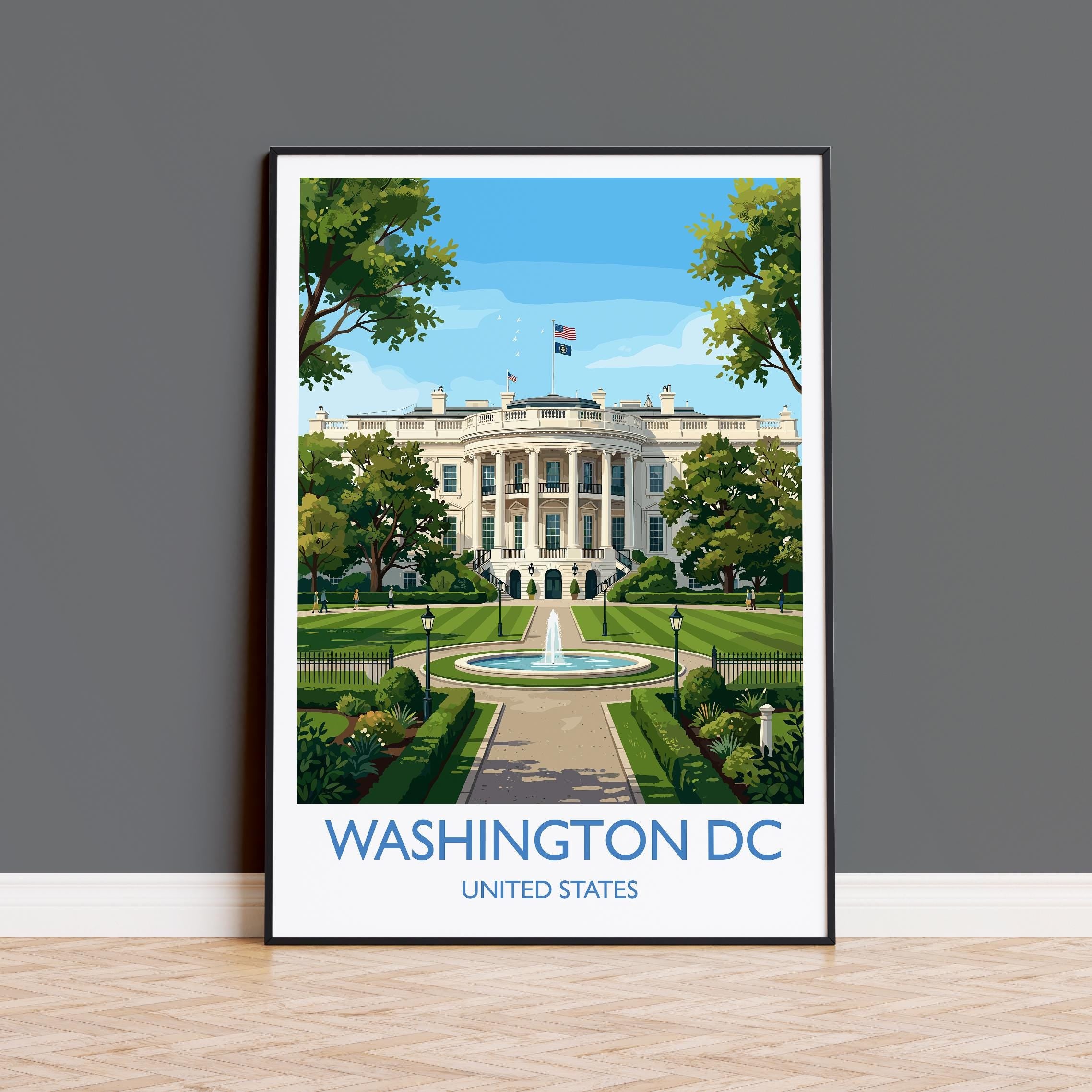 Washington DC Travel Poster, White House Wall Art, USA Landmark Print, American Architecture Illustration, Vintage Style USA City Decor