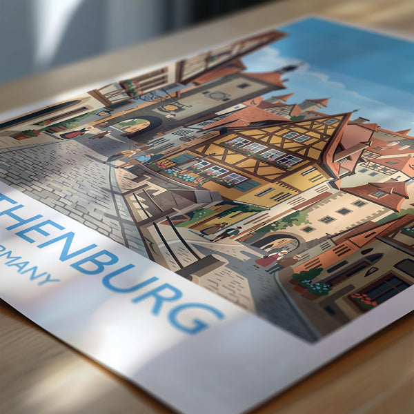 Rothenburg ob der Tauber Travel Poster, Medieval German Town Print, Bavaria Wall Art, Romantic Road Illustration, Germany Travel Decor