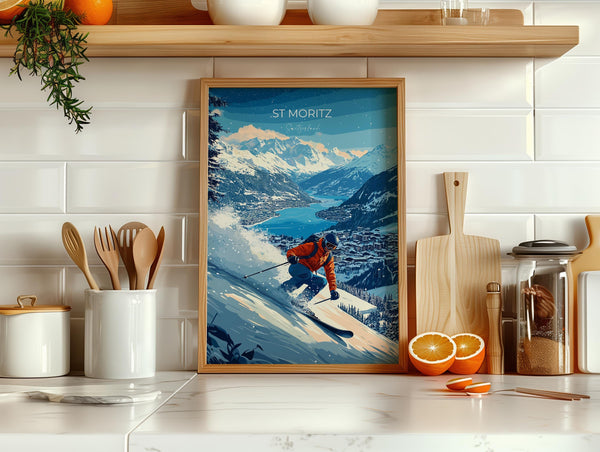St Moritz Wall Art Travel Poster, Travel Print of St Moritz, Ski Poster, Switzerland Alps Art Travel Lovers Gift
