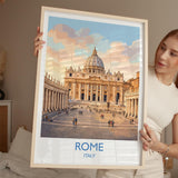 Rome St Peters Basilica Travel Poster, Vatican Skyline Wall Art, Tiber River View Print, Historic Cityscape Illustration, Italy Decor