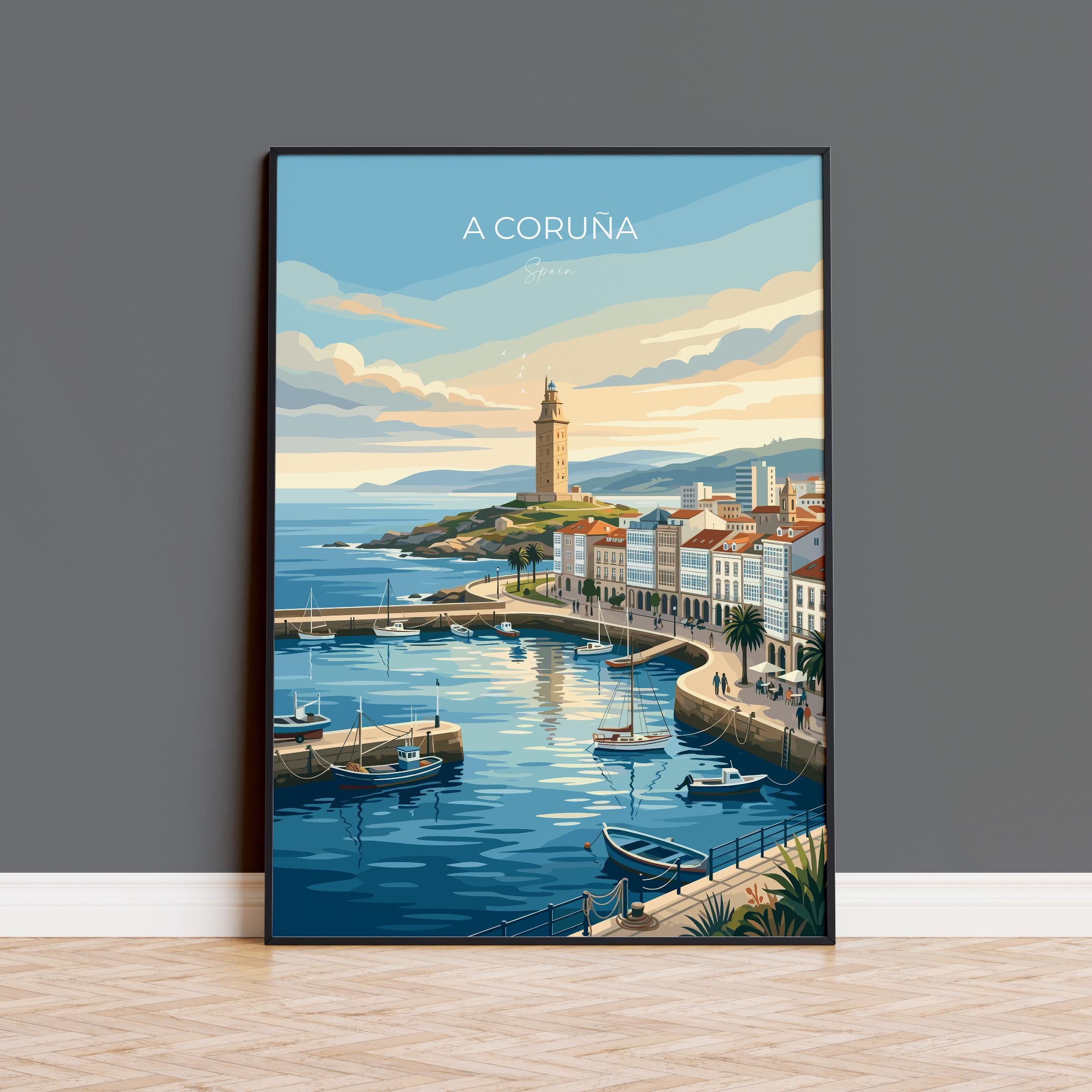 A Coruña Spain Travel Print, La Coruña Coastal Wall Art, Galicia Seaside Poster, Atlantic Ocean Cityscape, Vintage Style Europe Decor