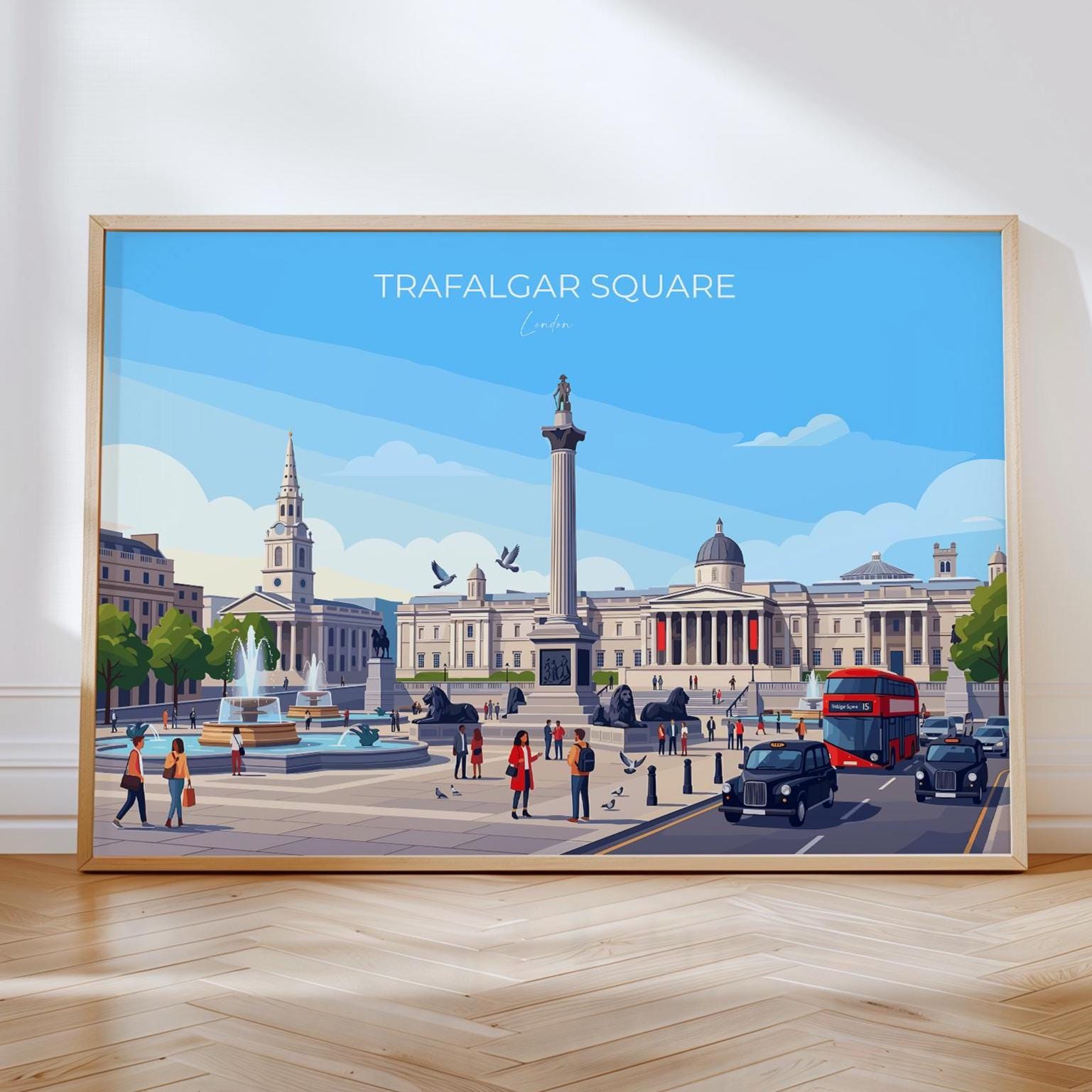 Trafalgar Square Landscape London Travel Print, London Wall Art Poster, Nelson’s Column Illustration,UK City Decor, Landmark Gift NQ Media Designs