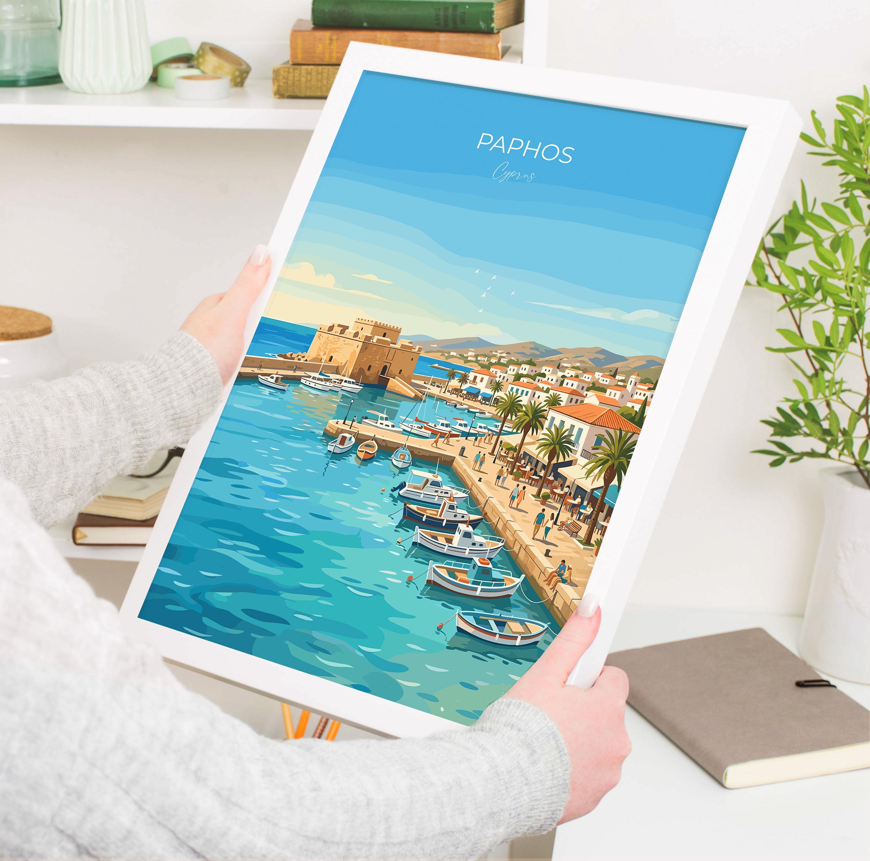 Paphos Cyprus Travel Print, Mediterranean Coast Wall Art, Paphos Harbour Poster, Seaside Landscape Illustration, Vintage Style Europe Decor
