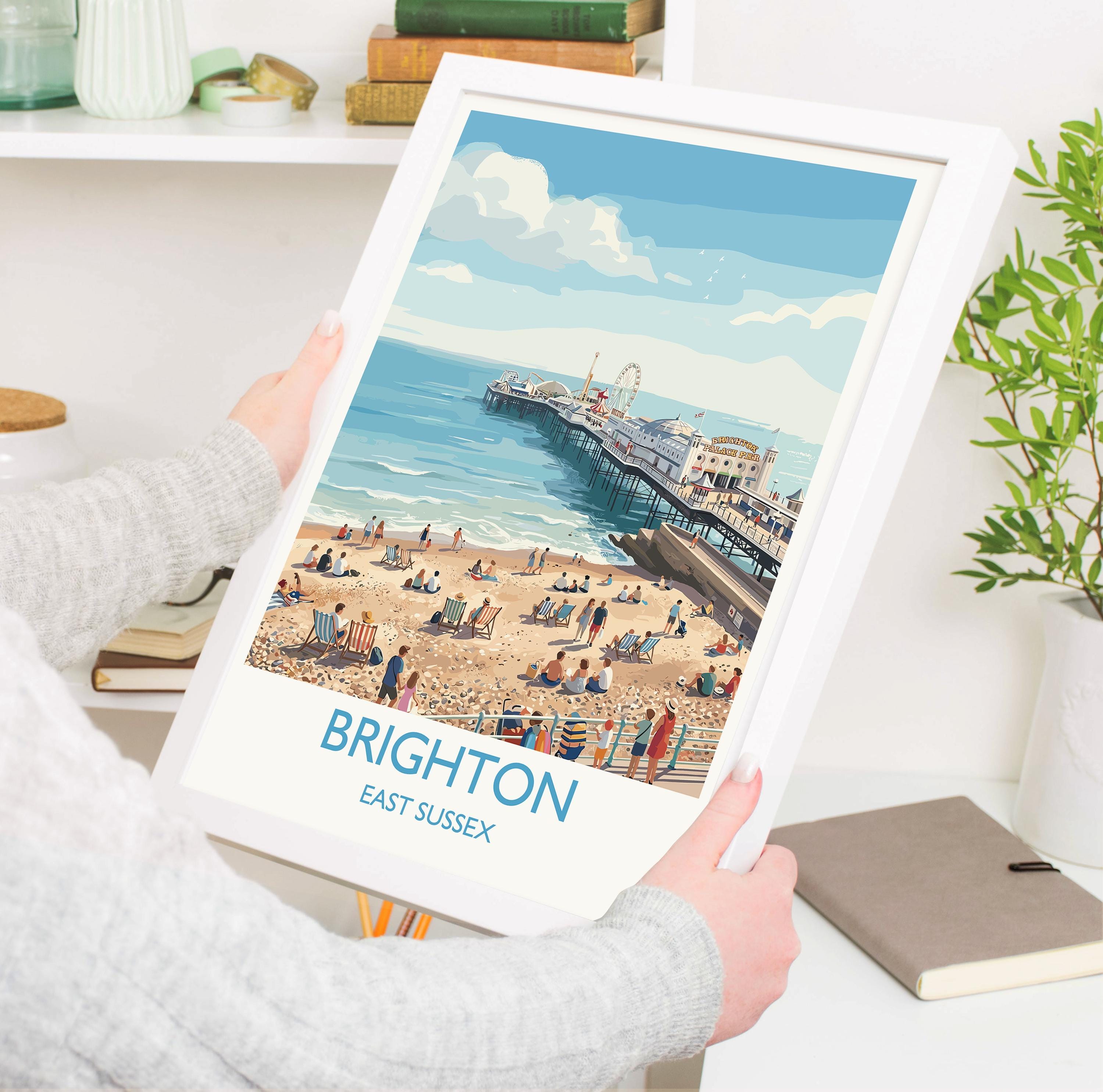 Brighton Travel Poster, Brighton Pier Wall Art, Seaside Print UK, Royal Pavilion Illustration, Vintage Style Coastal Decor, Brighton Gift NQ Media Designs
