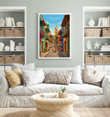 Cartagena Colombia Travel Print, Colourful Old Town Street Art, Cartagena Street Scene Poster, Caribbean Travel Wall Art, Vintage Style