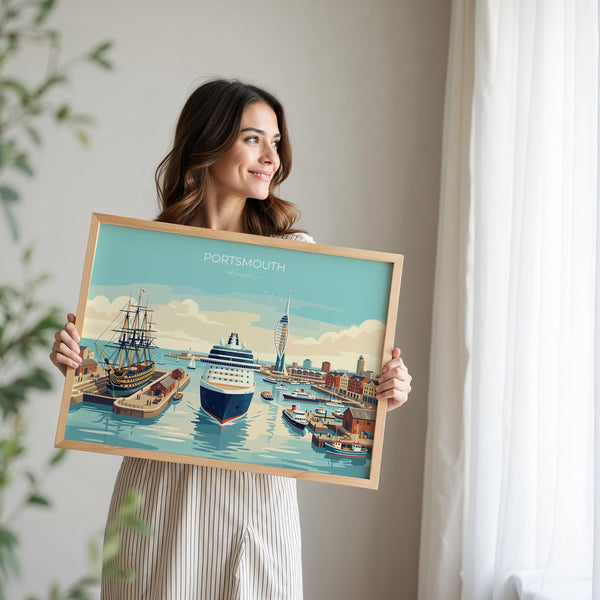 Portsmouth Landscape Travel Print Poster, Spinnaker Tower Wall Art, Hampshire Coastal City Illustration, UK Travel Decor, Seaside Gift