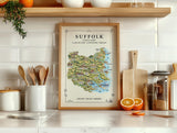 Suffolk Illustrated Map Print, England Wall Art, Suffolk Coast Map Poster, Framed or Canvas Print, Suffolk Gift