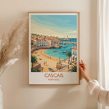 Cascais Portugal Travel Poster, Portuguese Coast Wall Art, Seaside Town Print, Atlantic Ocean Landscape Illustration, Europe Decor