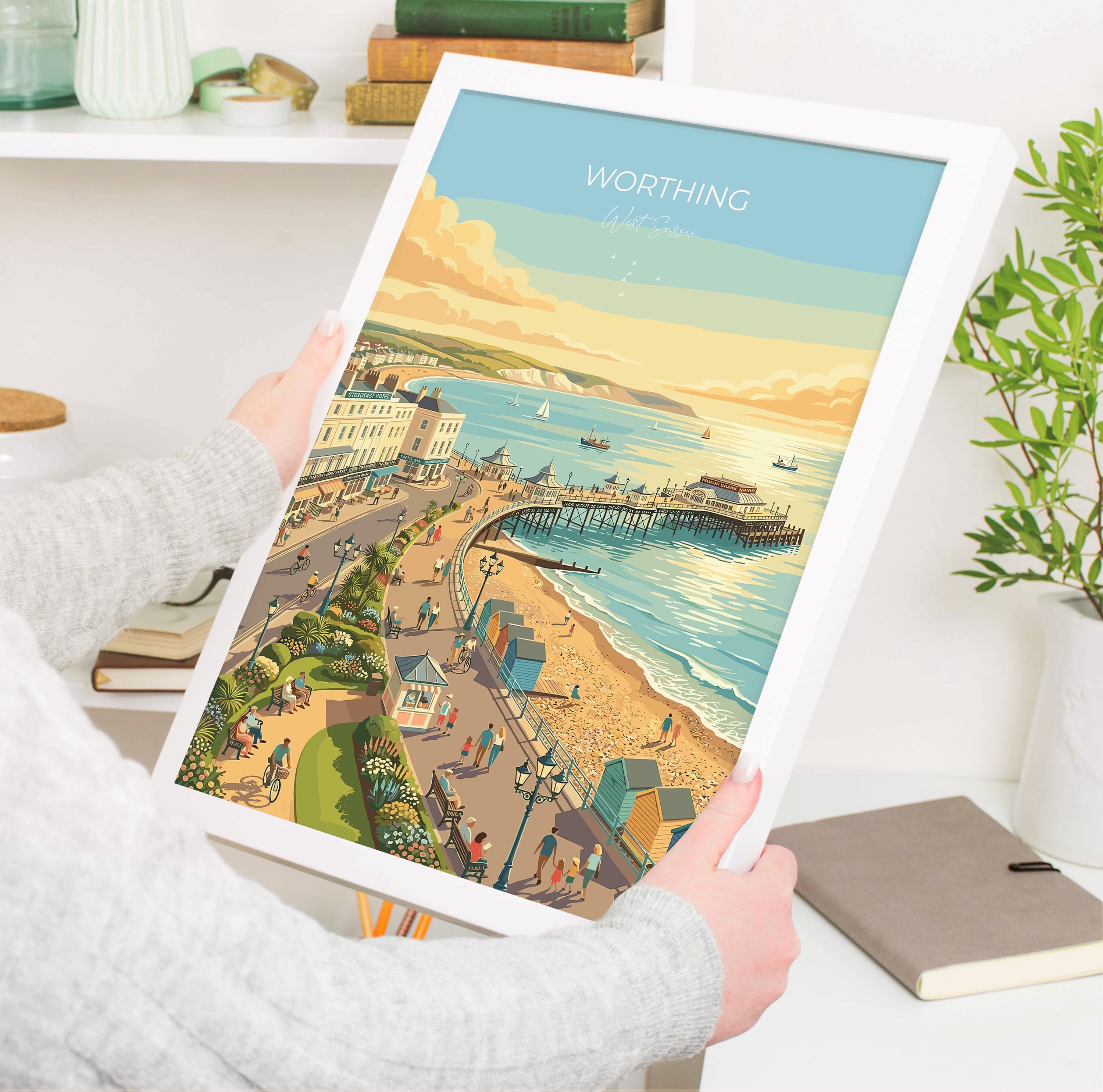 Worthing West Sussex Travel Print, Worthing Pier Wall Art, Seafront Poster, Sussex Coast Illustration, Vintage Style UK Decor