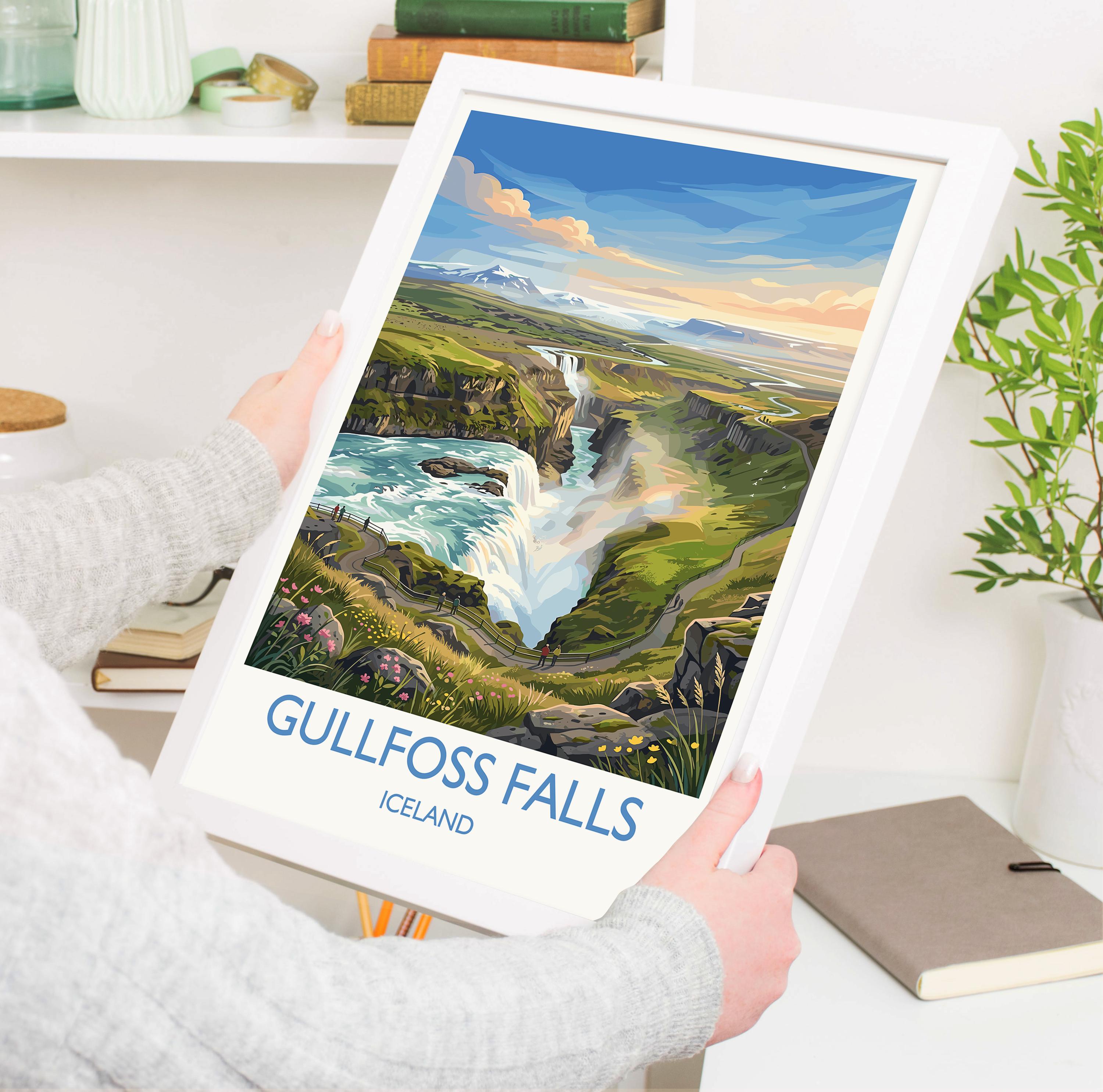 Gullfoss Waterfall Iceland Travel Poster, Golden Circle Wall Art, Iceland Waterfall Print, Landscape Art, Vintage Style Nordic Decor