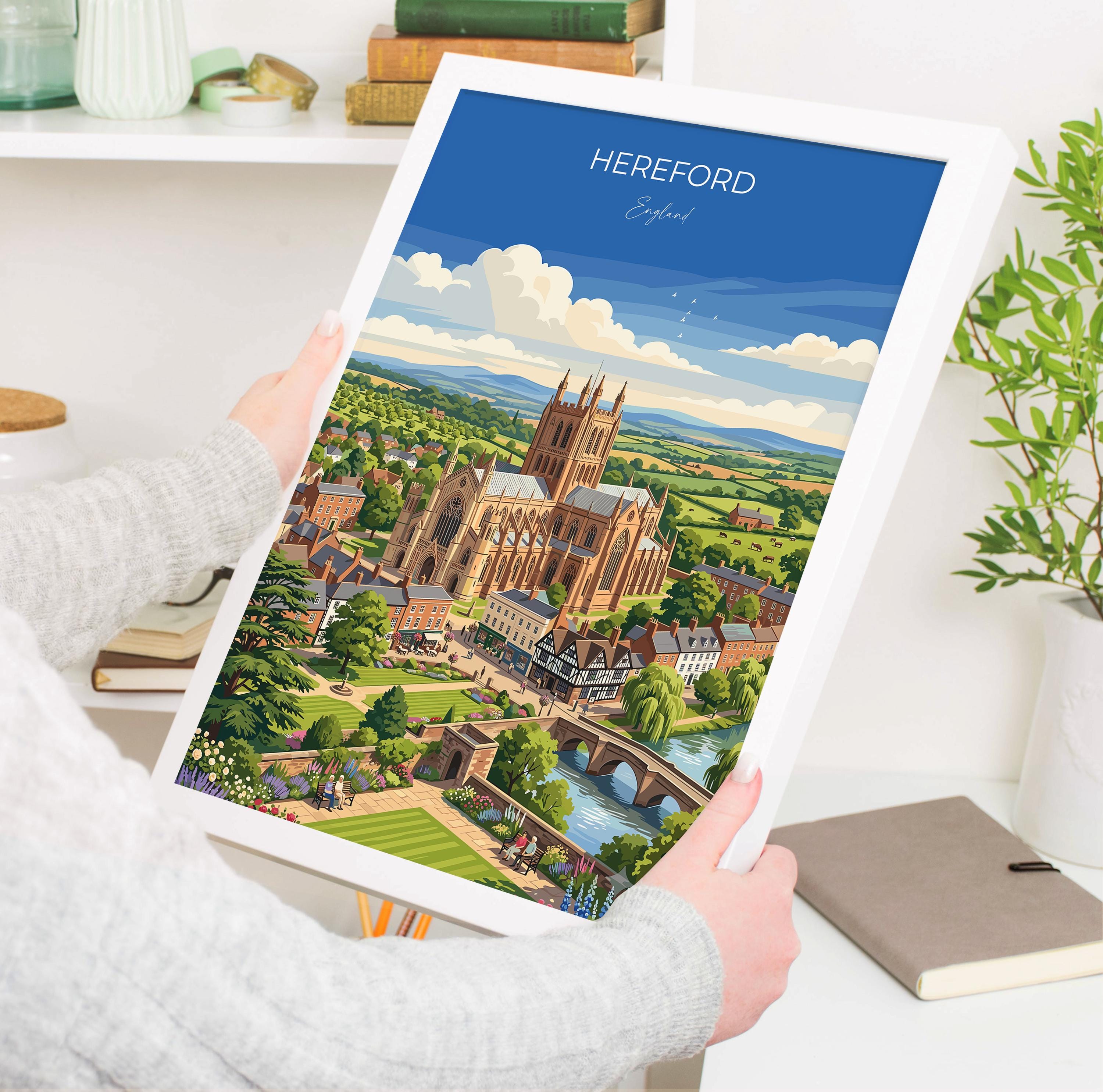 Hereford England Travel Print, Hereford Cathedral Wall Art, River Wye Poster, Historic City Illustration, Vintage Style UK Decor