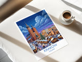 Krakow Christmas Market Print, Poland Winter Wall Art with Border, St Mary’s Basilica Poster, Festive Travel Print, Krakow Gift