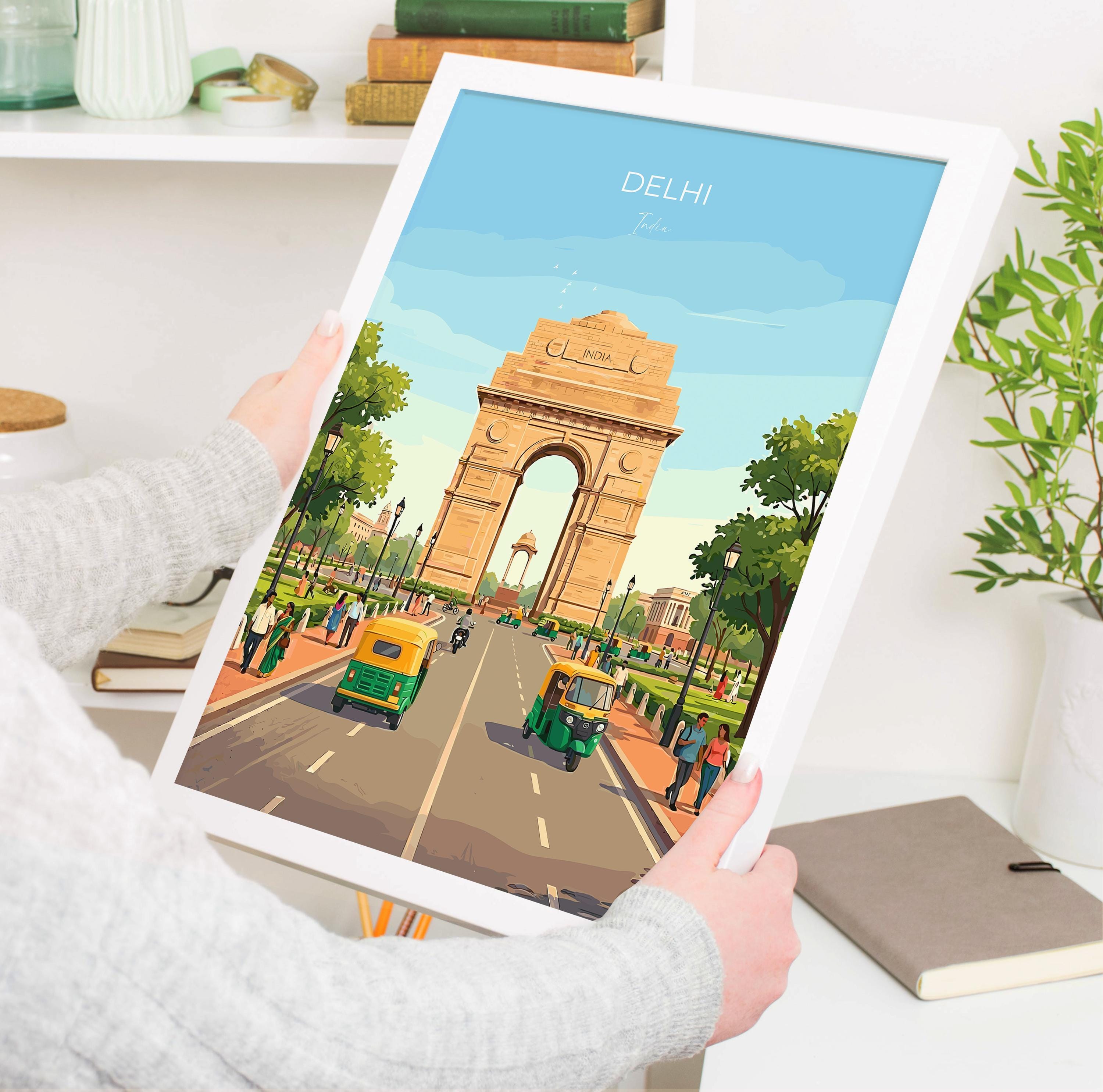 Delhi India Travel Print, India Gate Wall Art, New Delhi Landmark Poster, Historic Monument Illustration, Vintage Style Asia, India Gift