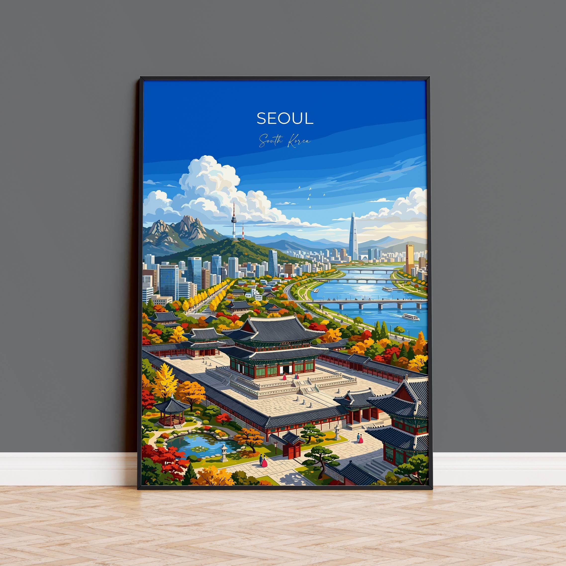 Seoul South Korea Travel Print, Gyeongbokgung Palace Wall Art, N Seoul Tower Skyline Poster, Korean City Illustration, Vintage Asia Decor