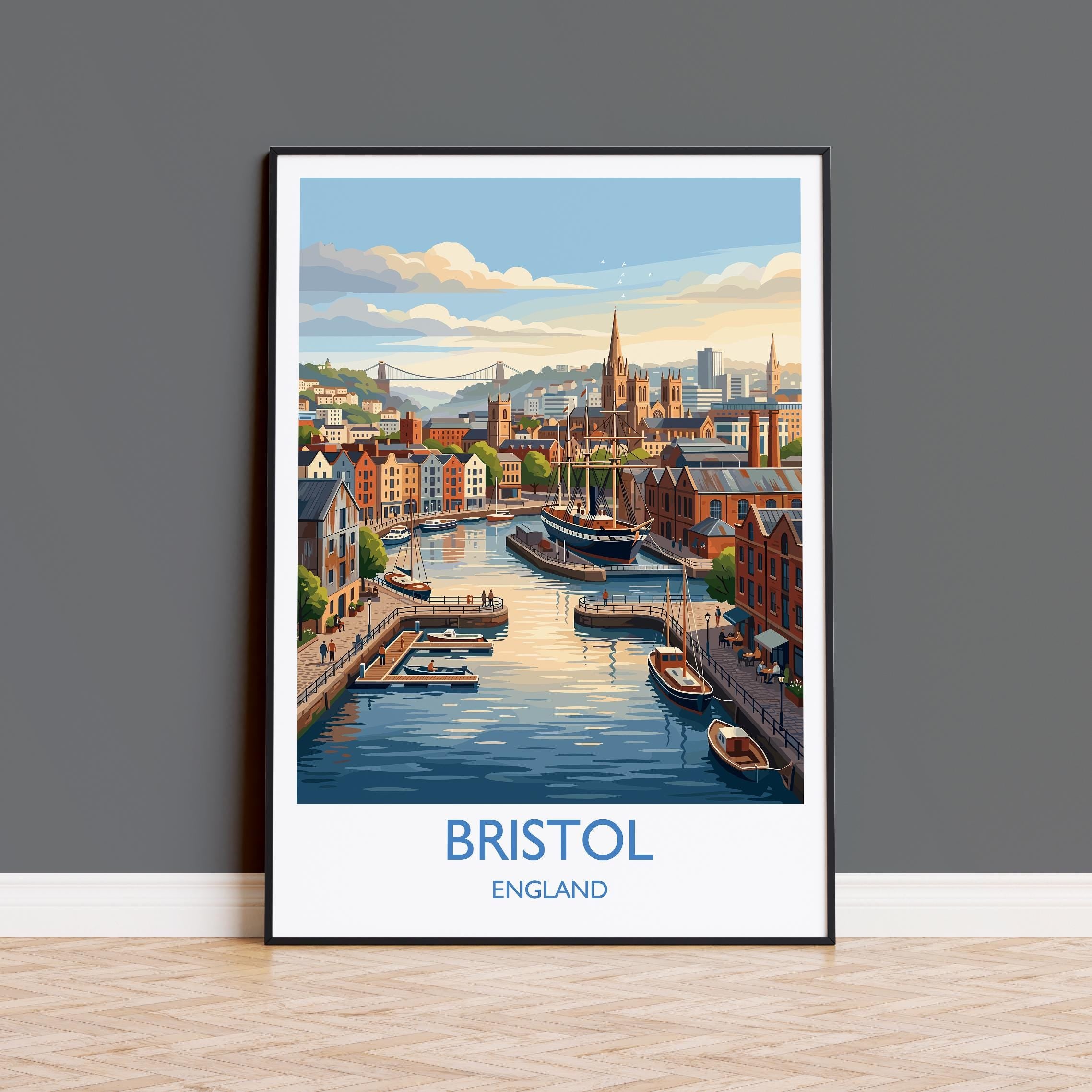 Bristol Travel Poster, Clifton Suspension Bridge Wall Art, Bristol Skyline Print, Historic Harbour City Illustration, Vintage Style UK Decor