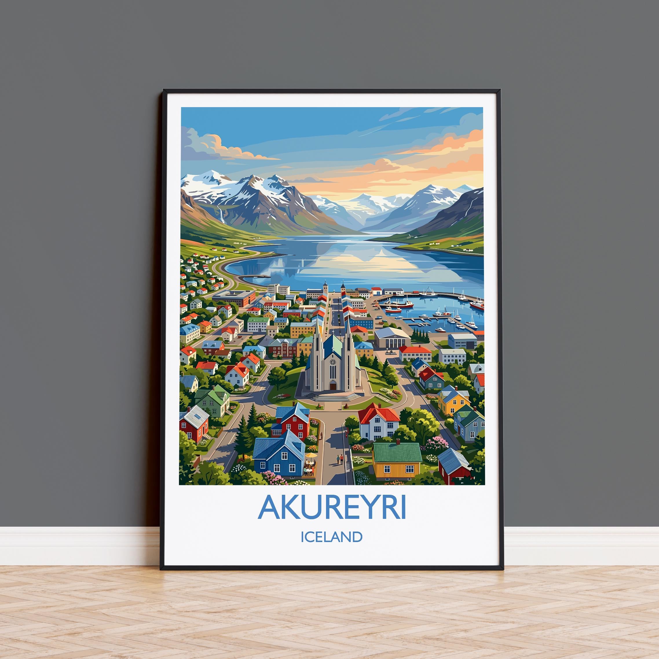 Akureyri Iceland Travel Poster, Akureyrarkirkja Wall Art, Eyjafjörður Print, Iceland Landscape Illustration, Vintage Style Nordic Decor