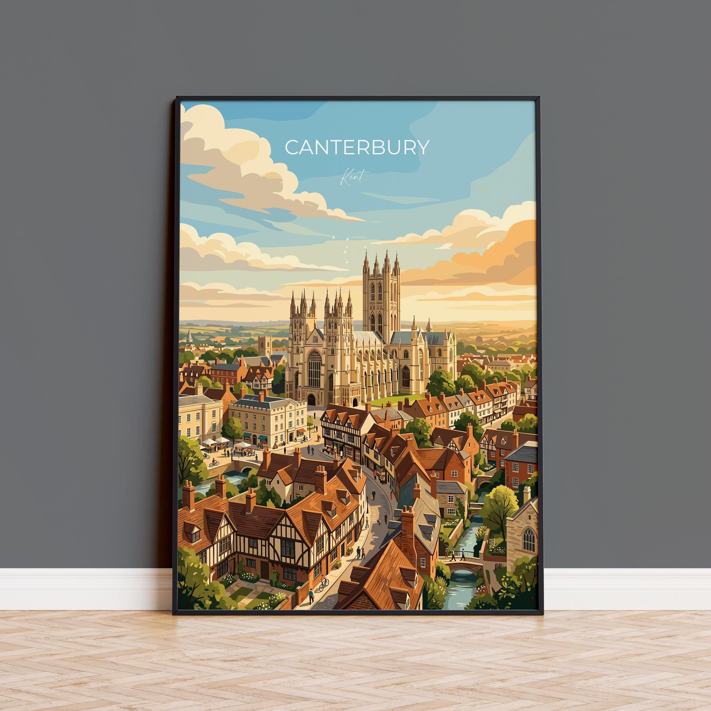 Canterbury Kent Travel Print, Canterbury Cathedral Wall Art, Historic City Poster, Kent Illustration, Vintage Style UK Decor