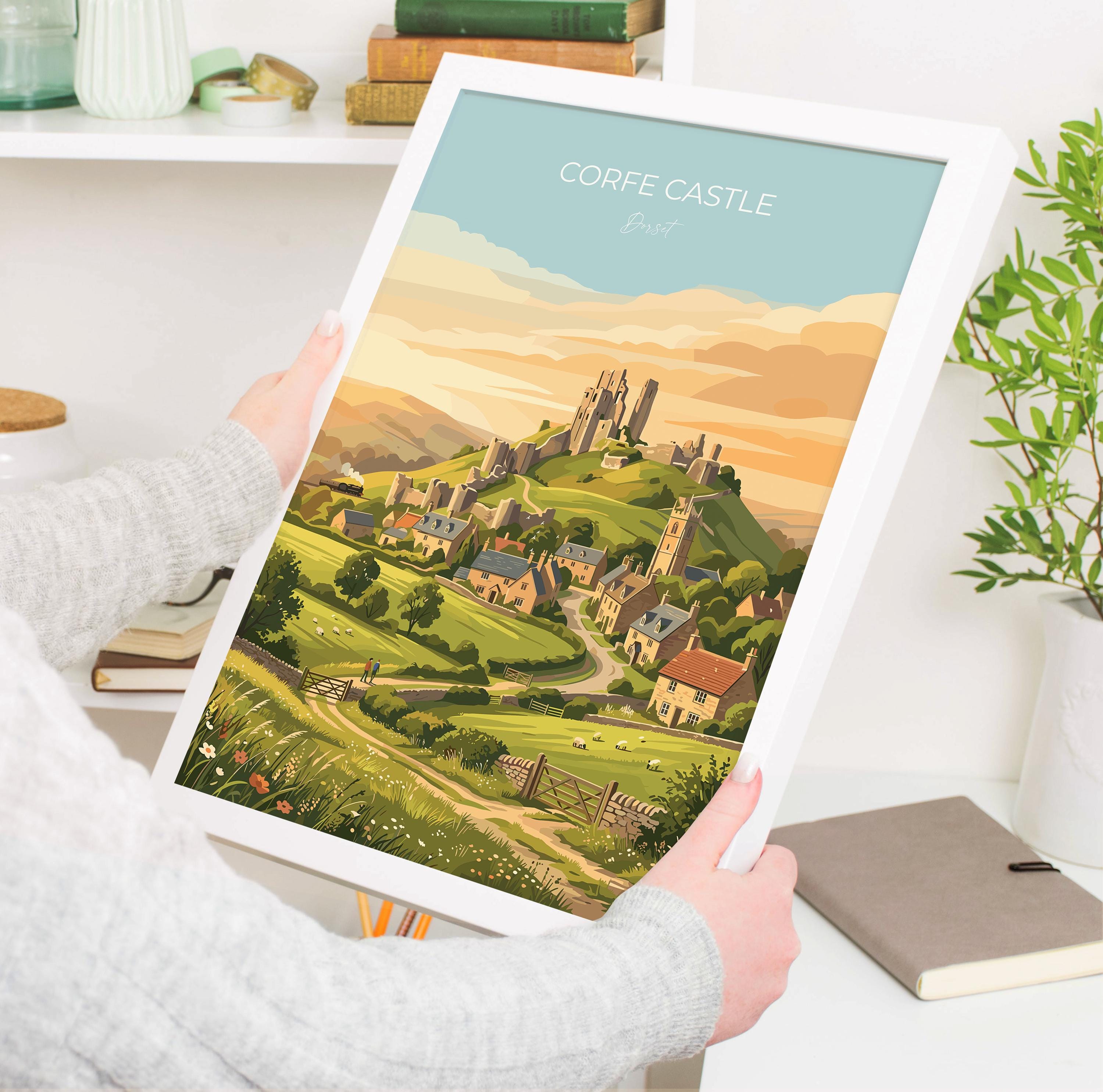 Corfe Castle Dorset Travel Print, Historic Castle Ruins Wall Art, Dorset Countryside Poster, English Heritage Illustration, Vintage UK Decor