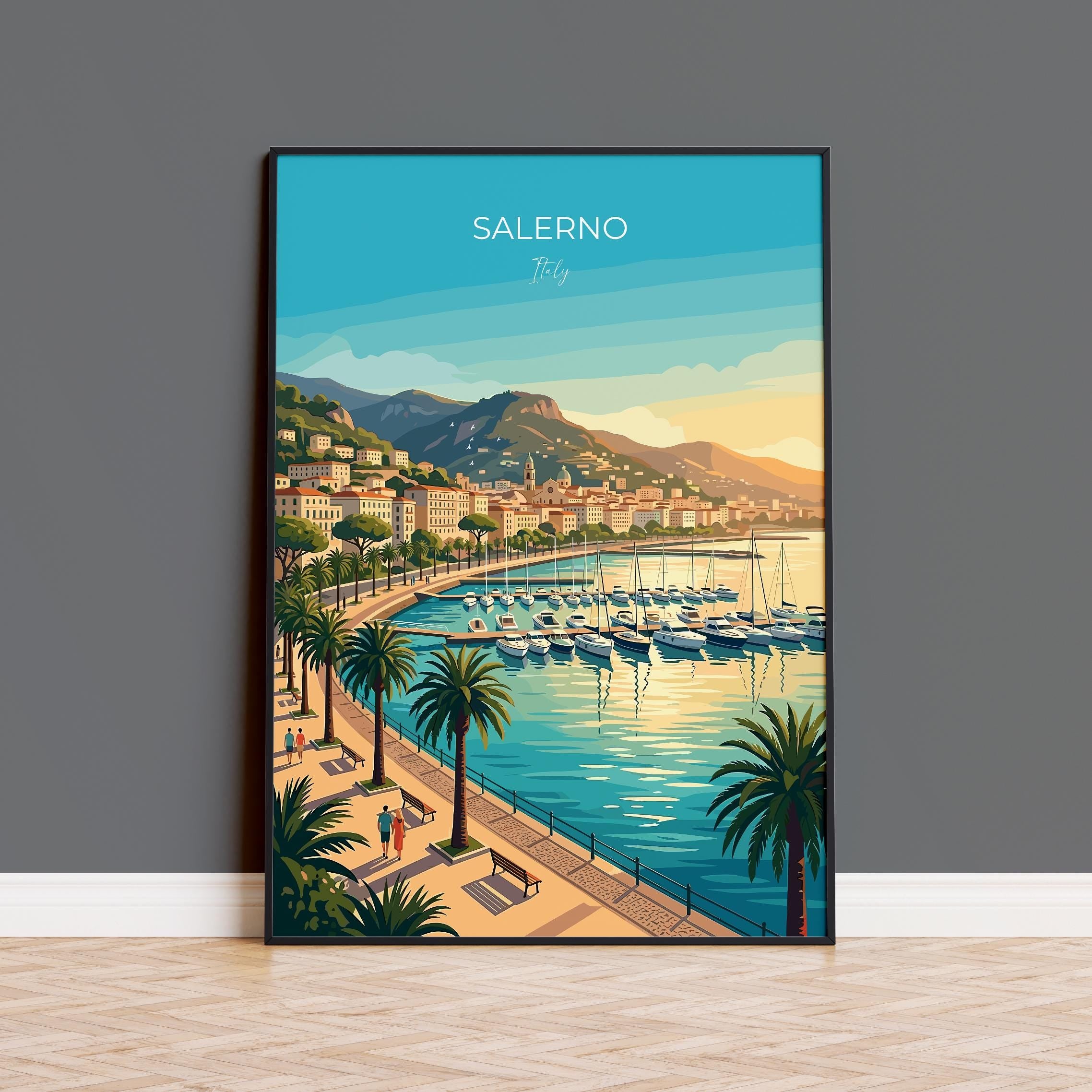 Salerno Italy Travel Print, Amalfi Coast Gateway Wall Art, Mediterranean Seaside Poster, Italian Coastal Illustration, Vintage Europe Decor