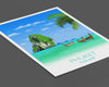 a picture of a beach with a boat and a palm tree