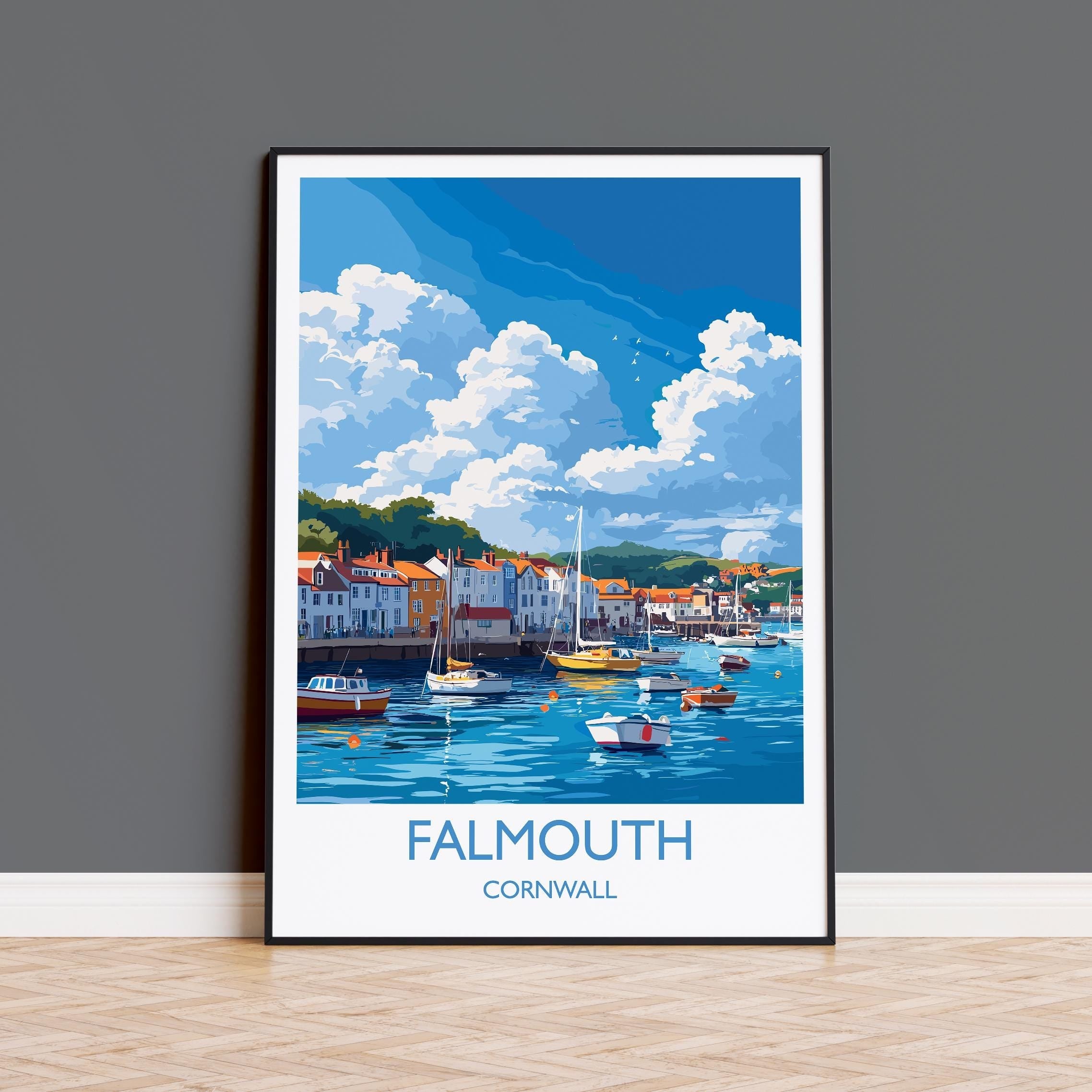 Falmouth Travel Print, Travel Poster of Falmouth, England, Cornwall Art, Falmouth Art Lovers Gift, Wall Art Print NQ Media Designs