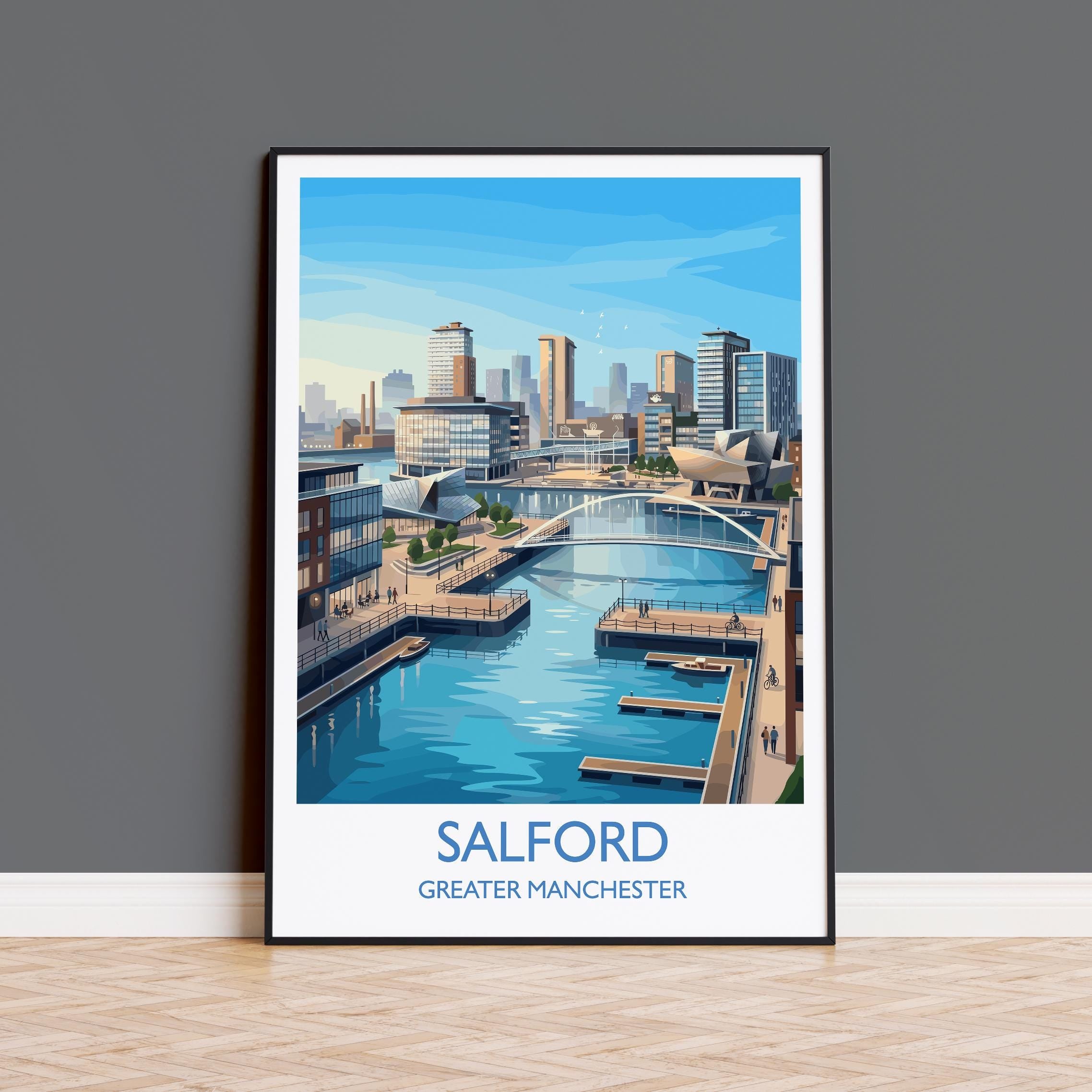 Salford Quays Travel Poster, Salford Manchester Wall Art, MediaCityUK Waterfront Print, Modern Skyline Illustration, Vintage Style UK Decor