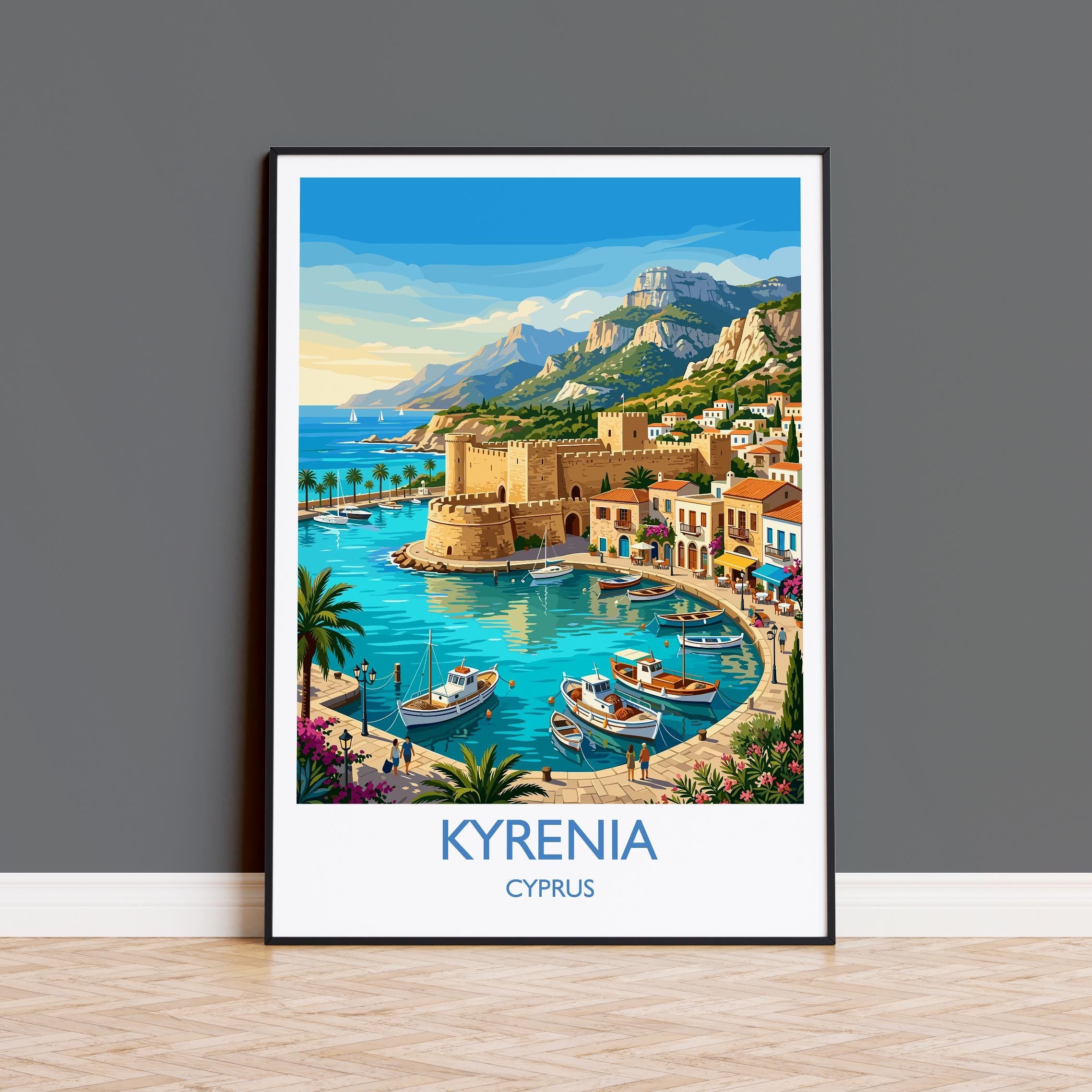 Kyrenia Cyprus Travel Poster, Kyrenia Harbour Wall Art, Kyrenia Castle Print, Cyprus Coastal Travel Poster, Mediterranean Vintage Decor