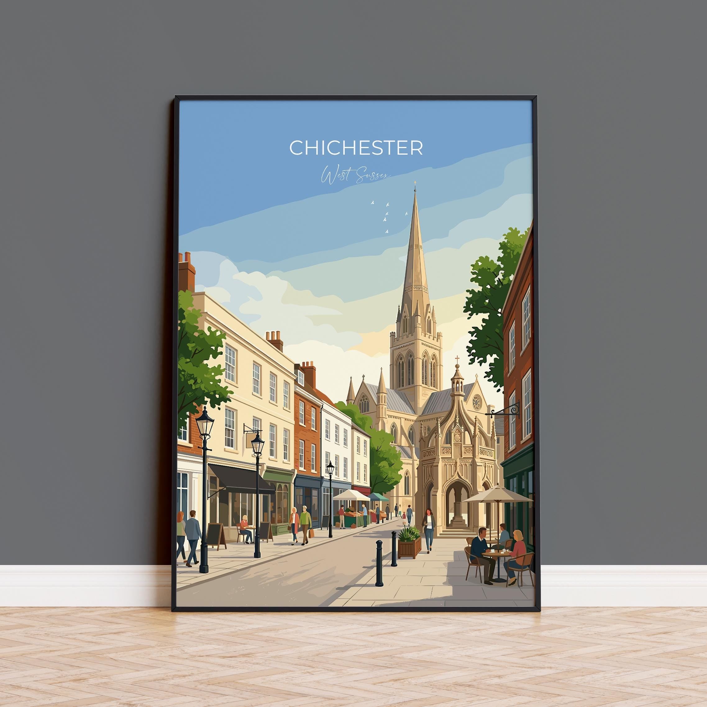 Chichester Cathedral Travel Print, Chichester High Street Clock Tower Wall Art, West Sussex City Poster, Historic England, Vintage Style UK