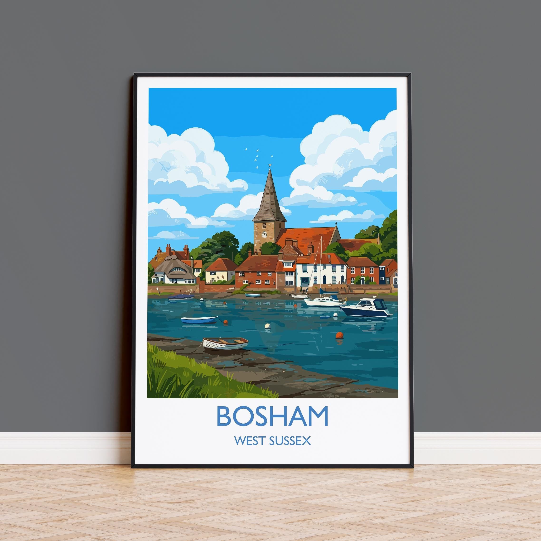 Bosham West Sussex Travel Poster, Bosham Harbour Wall Art, Holy Trinity Church Print, Coastal Village Illustration, Vintage Style UK Decor