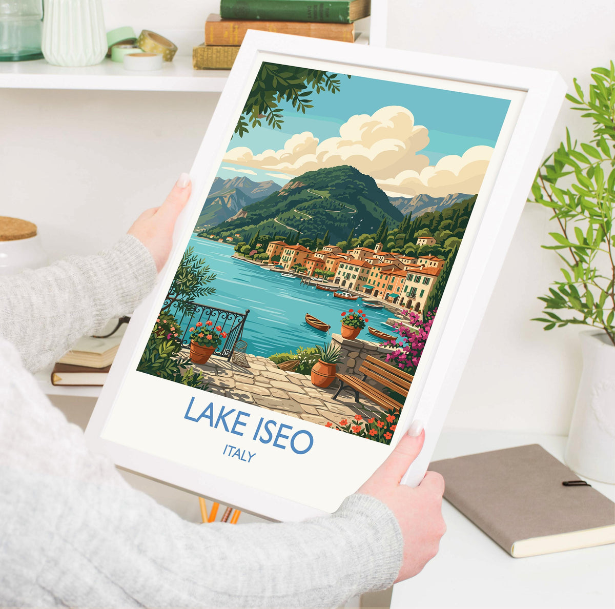 Lake Iseo Italy Print, Italian Lakes Wall Art with Border, Lombardy Poster, Lakeside Village Print, Iseo Gift