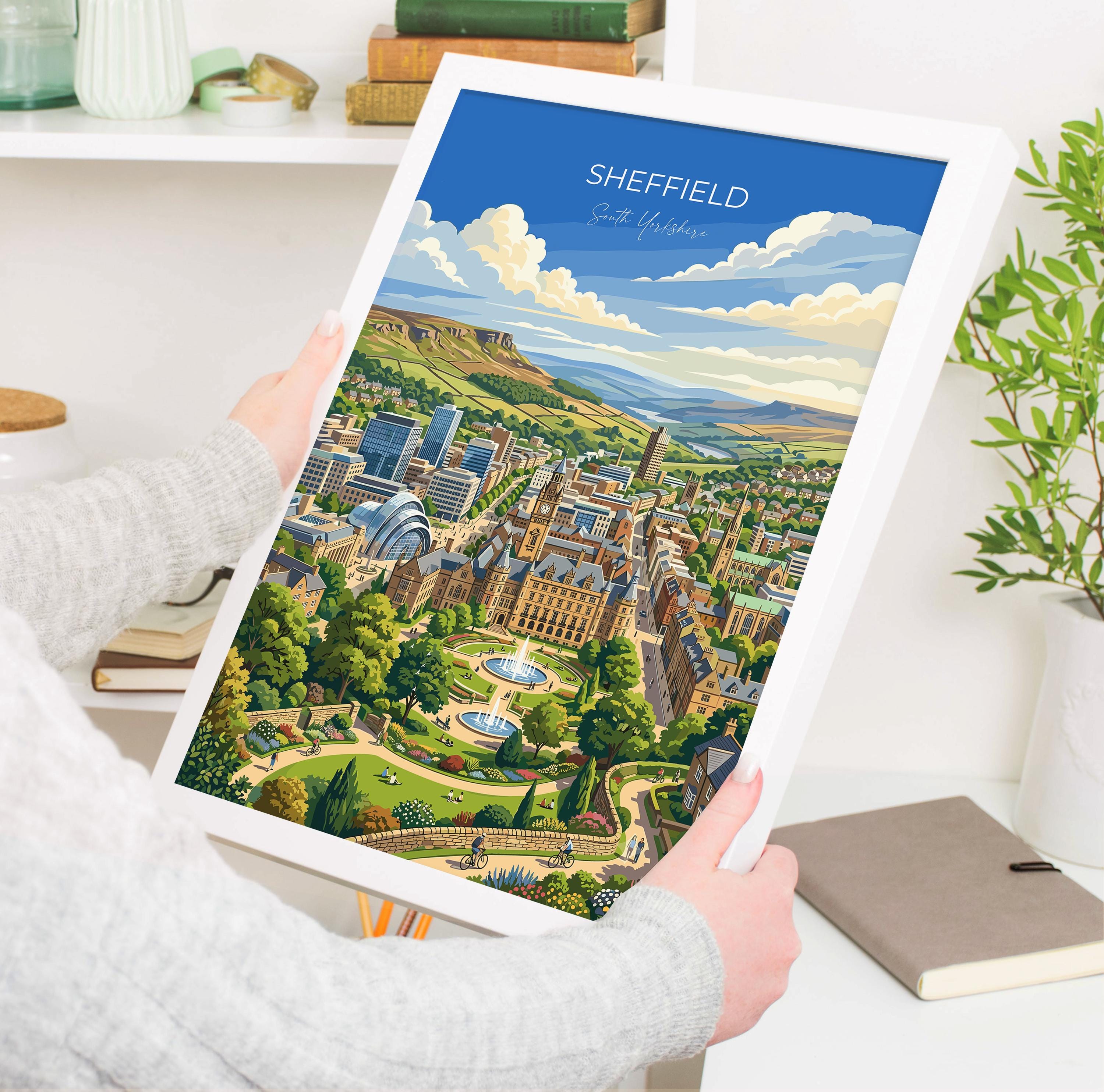 Sheffield South Yorkshire Travel Print, Sheffield Skyline Wall Art, Winter Garden Poster, England City Illustration, Vintage Style UK Decor