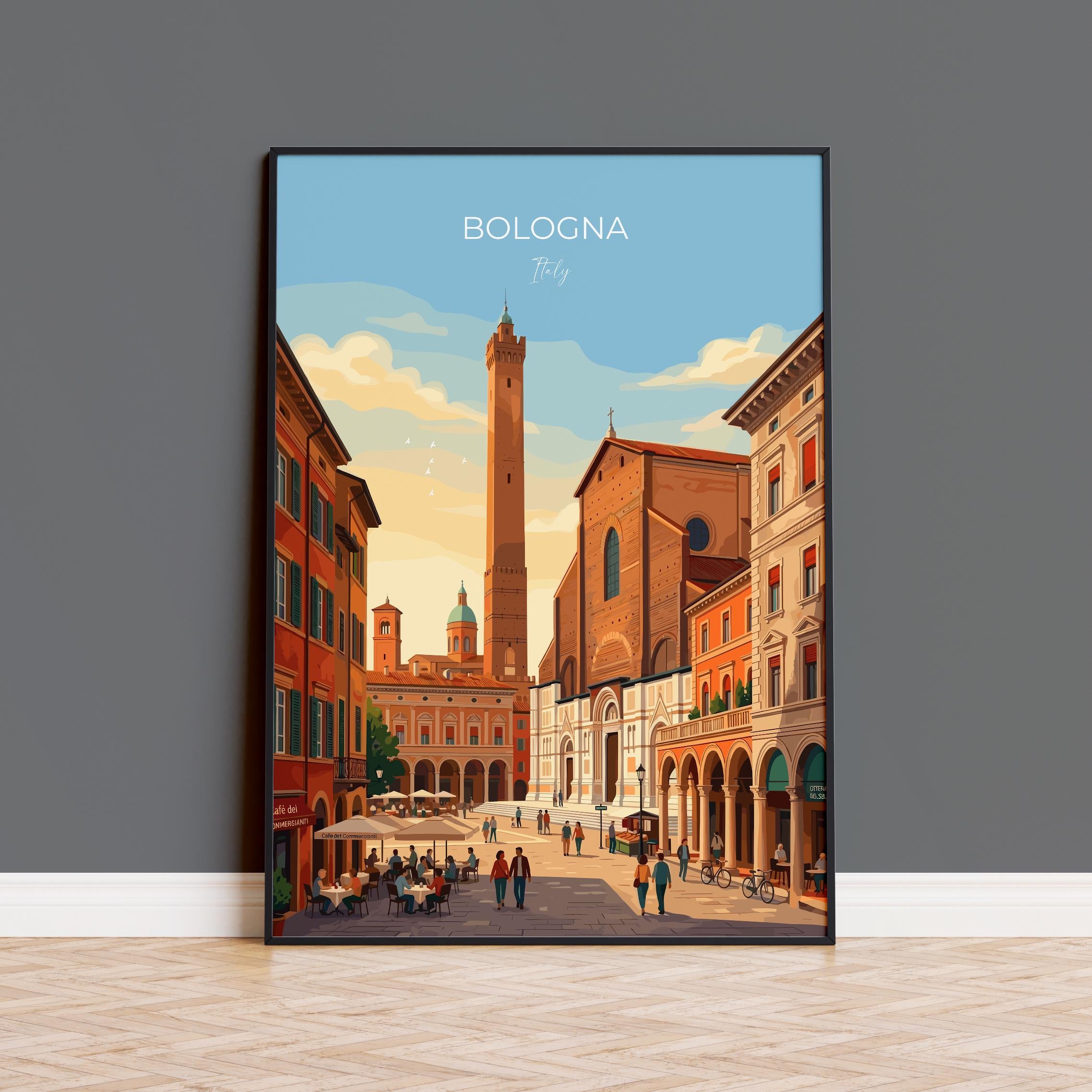 Bologna Italy Travel Print, Porticoes & Towers Wall Art, Historic City Poster, Italian Architecture Illustration, Vintage Style Europe Decor