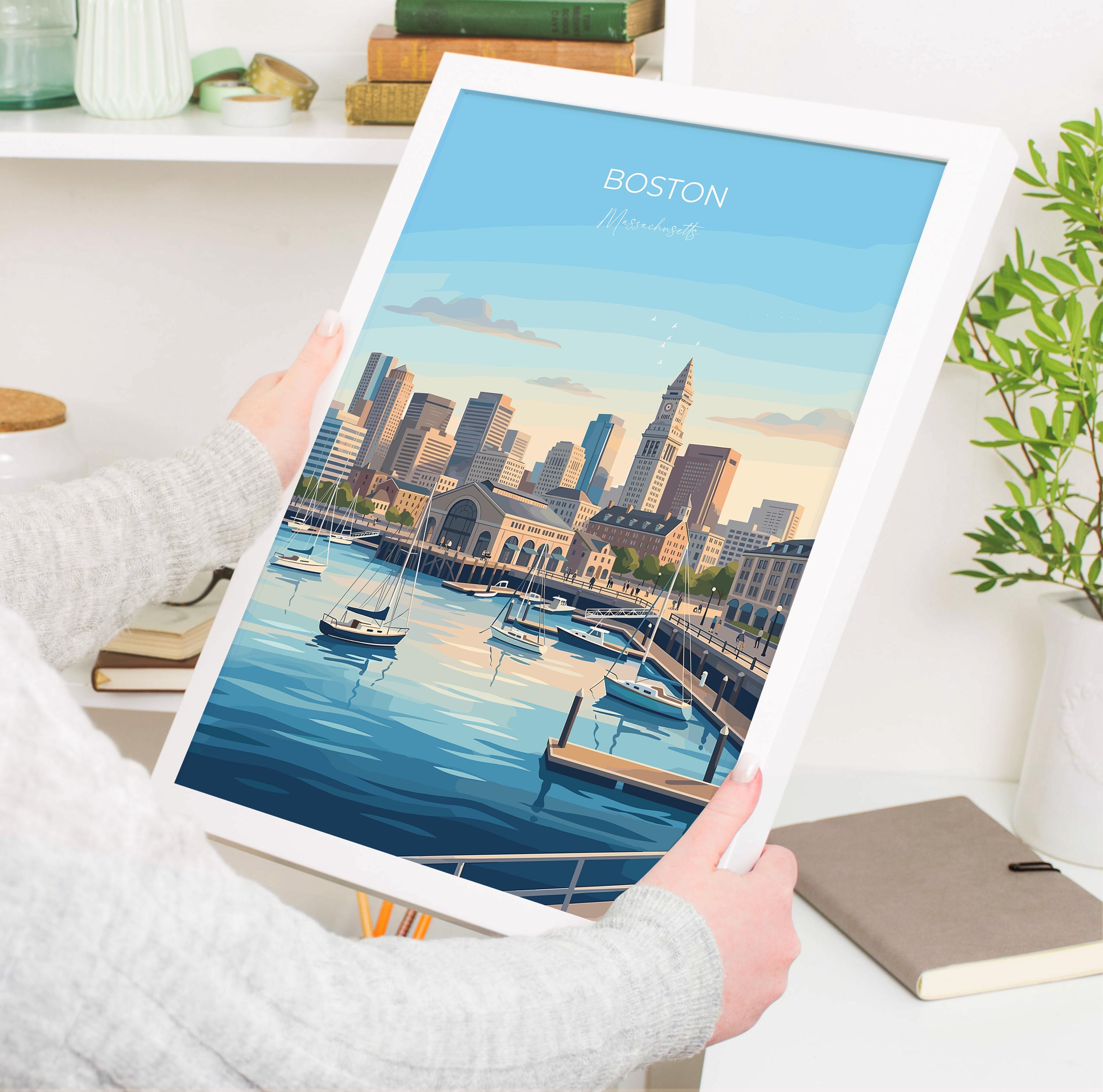 Boston USA Travel Print, Boston Harbor Skyline Wall Art, Waterfront Cityscape Poster, Massachusetts Illustration, Vintage Style Decor